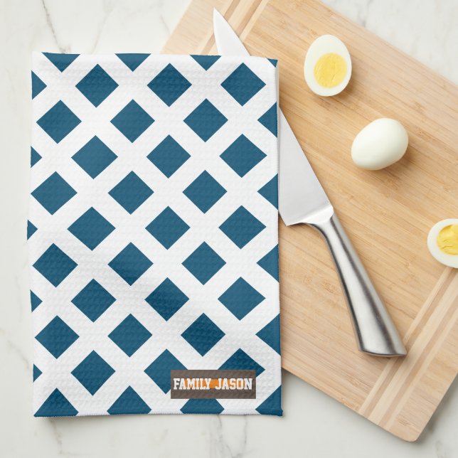 Custom name modern navy blue white stylish pattern kitchen towel (Quarter Fold)