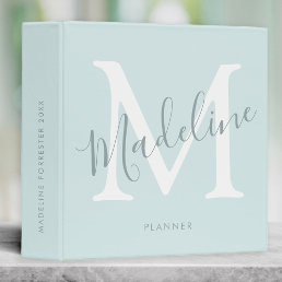 Custom Name Modern Script Aqua Blue Monogram 3 Ring Binder