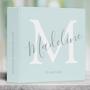Custom Name Modern Script Aqua Blue Monogram 3 Ring Binder