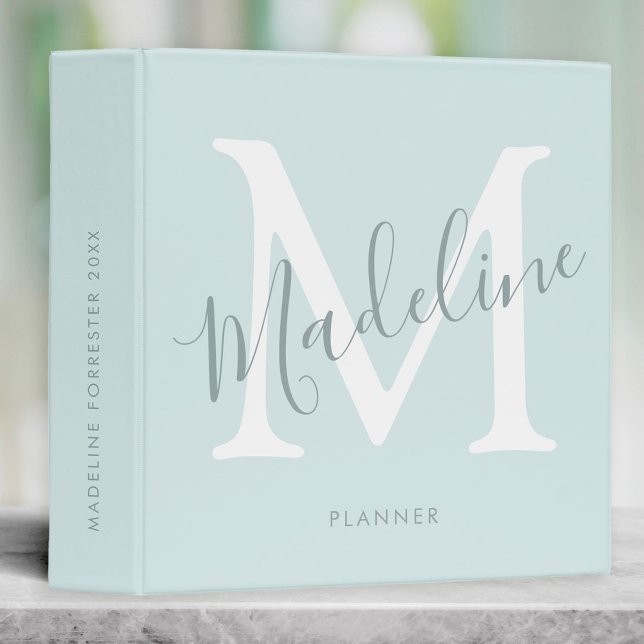 Custom Name Modern Script Aqua Blue Monogram 3 Ring Binder (Creator Uploaded)