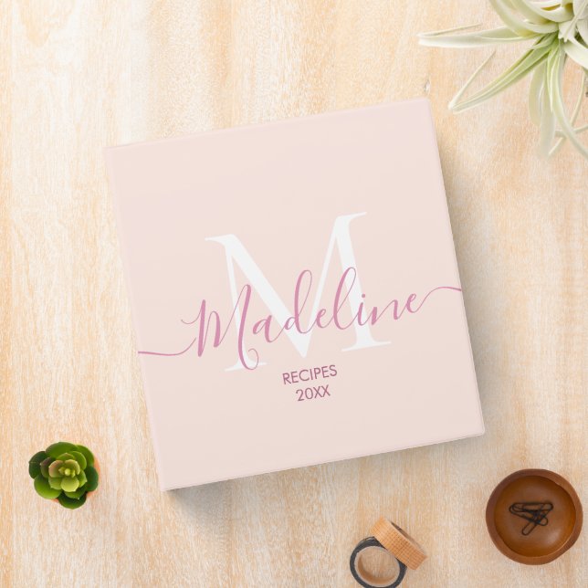 Custom Name Modern Script Blush Pink Monogram 3 Ring Binder (In Situ)