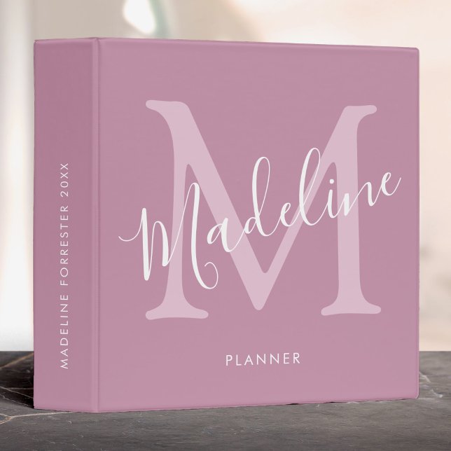 Custom Name Modern Script Cassis Pink Monogram 3 Ring Binder (Creator Uploaded)