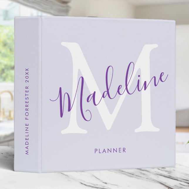 Custom Name Modern Script Purple Monogram Elegant 3 Ring Binder (Creator Uploaded)