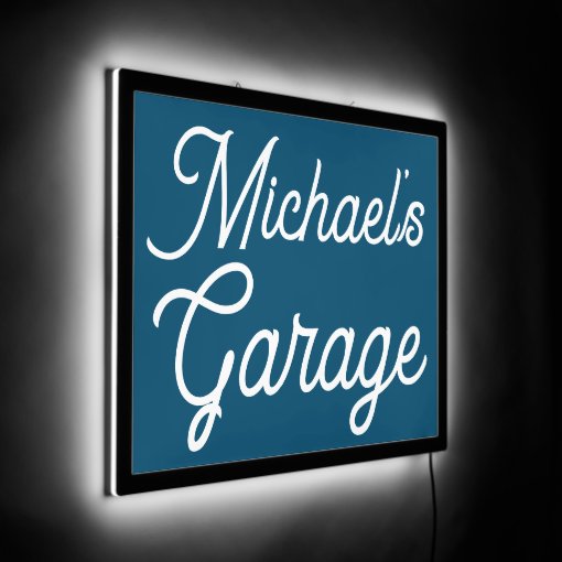 Custom Name Modern Teal Blue Garage LED Sign | Zazzle
