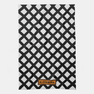Custom name modern trendy pattern black white chic kitchen towel