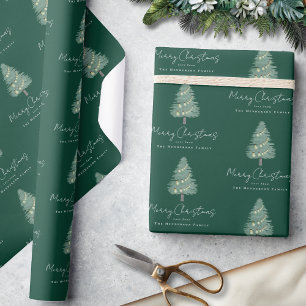 Custom Name Modern Watercolor Christmas Tree Green Wrapping Paper