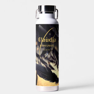Custom Name Modern Wedding Black Golden Feather Water Bottle