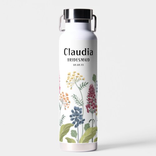 Custom Name Modern Wedding Field Flowers White Water Bottle