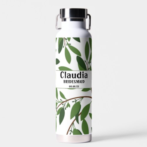 Custom Name Modern Wedding Olive Branch Green Water Bottle