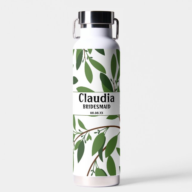 Custom Name Modern Wedding Olive Branch Green Water Bottle (Front)