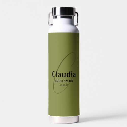 Custom Name Modern Wedding Olive Green Water Bottle