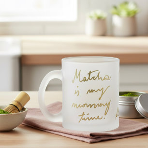 Custom Name Mommy Matcha Tea Gold Script Heart  Frosted Glass Coffee Mug