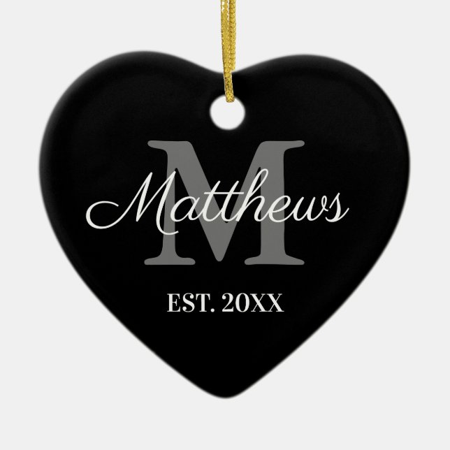 Custom name monogram black and white Christmas Ceramic Ornament (Front)