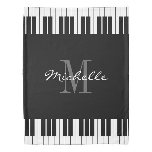 Custom name monogram black and white piano keys duvet cover