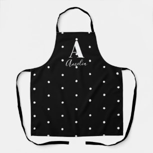 Custom Name Monogram Black and White Polka Dots Apron