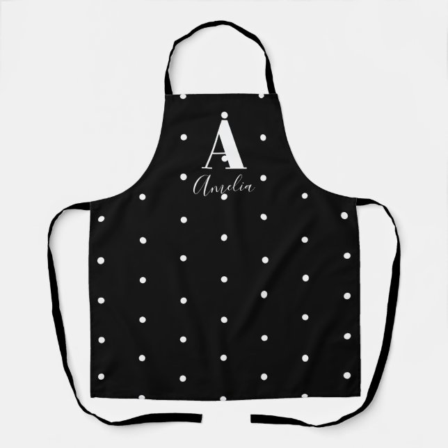 Custom Name Monogram Black and White Polka Dots Apron (Front)