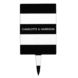 Custom name monogram black and white stripes cake topper