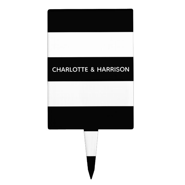 Custom name monogram black and white stripes cake topper (Front)