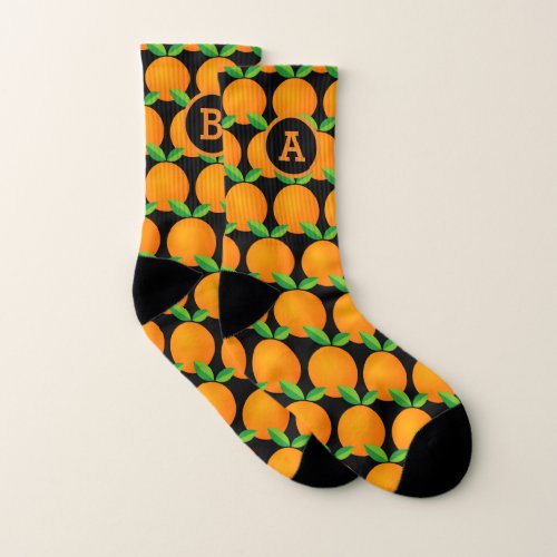 Custom name monogram black orange fruit print socks