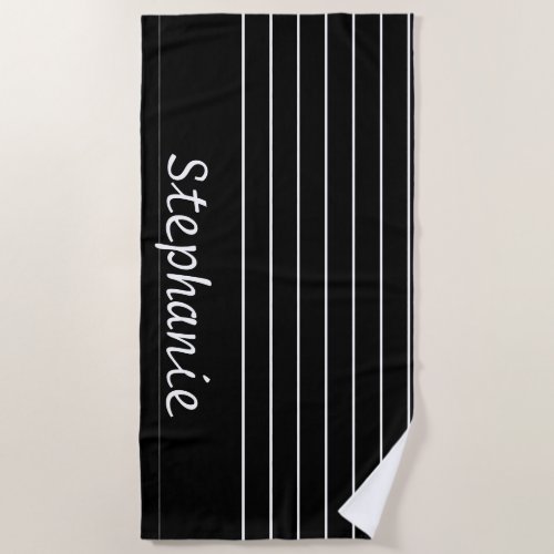 Custom Name Monogram Black White Stripes Elegant Beach Towel
