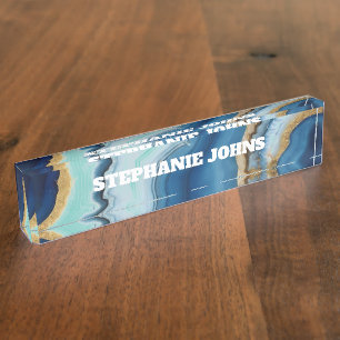 Custom Name  Monogram Blue Agate Turquoise Gold Desk Name Plate