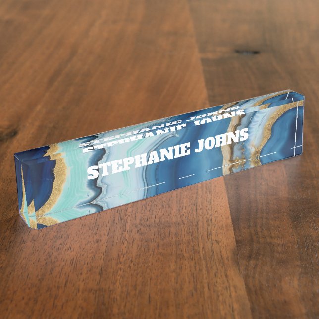 Custom Name  Monogram Blue Agate Turquoise Gold Desk Name Plate (Side)