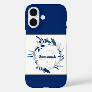 Custom Name Monogram Blue Floral Wreath iPhone 16 Case