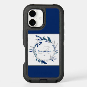 Custom Name Monogram Blue Floral Wreath iPhone 16 Case