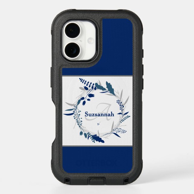 Custom Name Monogram Blue Floral Wreath Otterbox iPhone Case (Back)