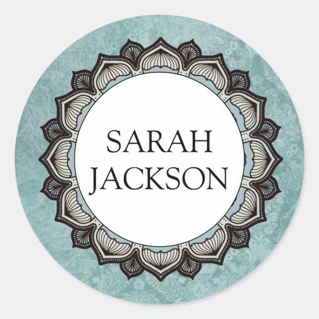 Custom Name Monogram Blue Gray Flower Petals Classic Round Sticker (Front)