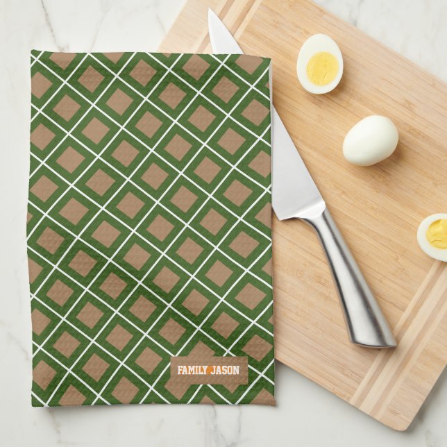 Custom name monogram checkered brown green kitchen towel (Quarter Fold)