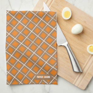 Custom name monogram checkered brown orange cute kitchen towel