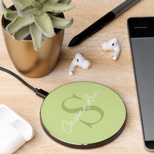 Custom Name Monogram Chic Chartreuse Green Yellow Wireless Charger