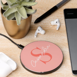 Custom Name Monogram Coral Orange Peach Red Wireless Charger