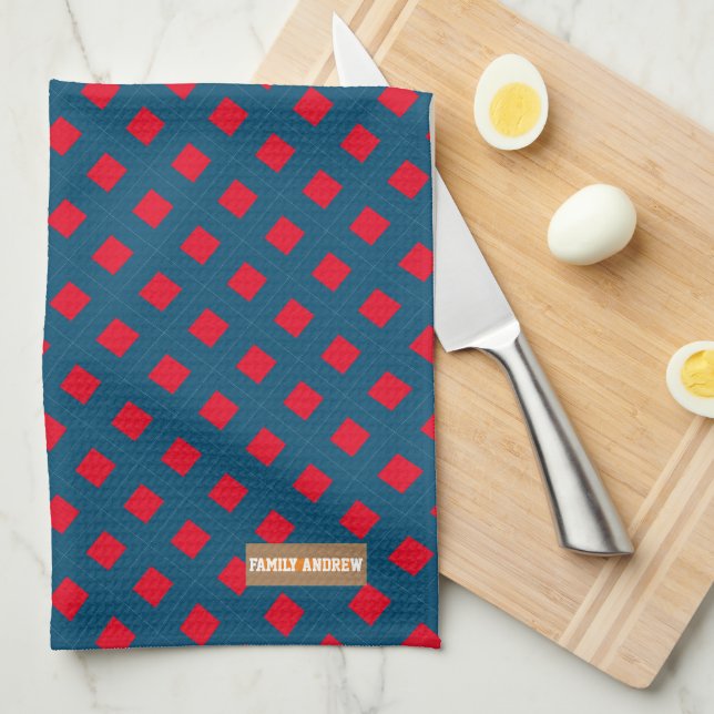 Custom name monogram diamonds navy blue red kitchen towel (Quarter Fold)