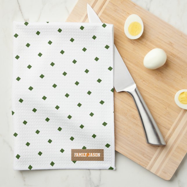 Custom name monogram diamonds pattern white green kitchen towel (Quarter Fold)