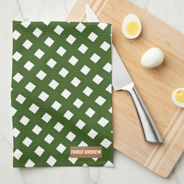 Custom name monogram diamonds stylish green white kitchen towel (Quarter Fold)