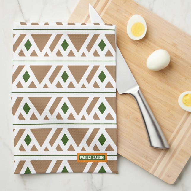 Custom name monogram diamonds triangles brown kitchen towel (Quarter Fold)