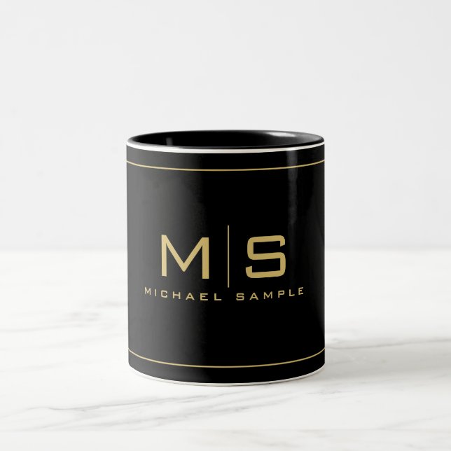 Custom Name Monogram Elegant Black And Gold Two-Tone Coffee Mug (Center)