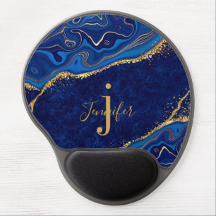 Custom Name Monogram Elegant Gold and Blue Agate Gel Mouse Pad