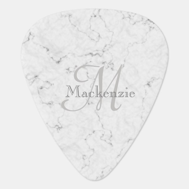 Custom Name Monogram Elegant Marble White Gray Guitar Pick (Front)