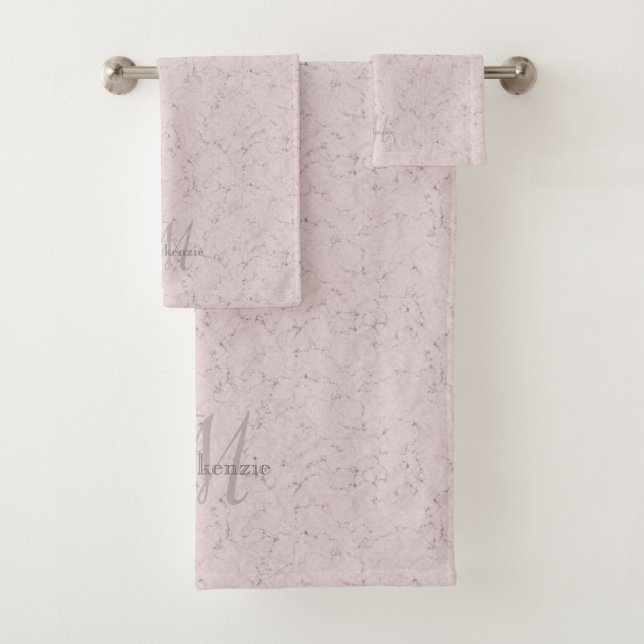 Custom Name Monogram Elegant Pink Gray Marble Bath Towel Set (Insitu)