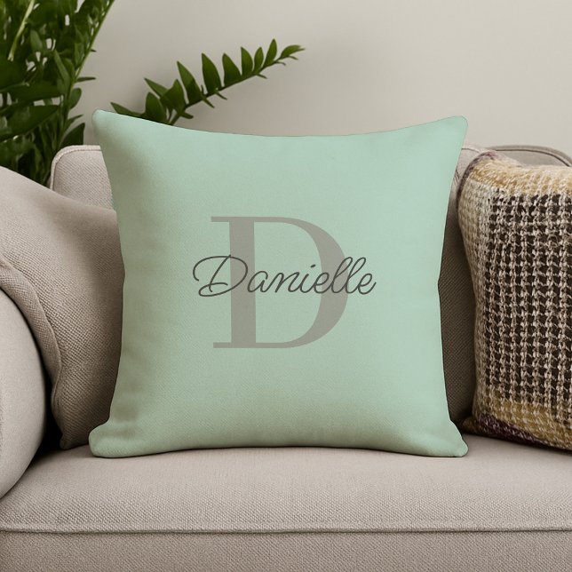Custom Name Monogram  Elegant Script Mint Green Throw Pillow (Creator Uploaded)