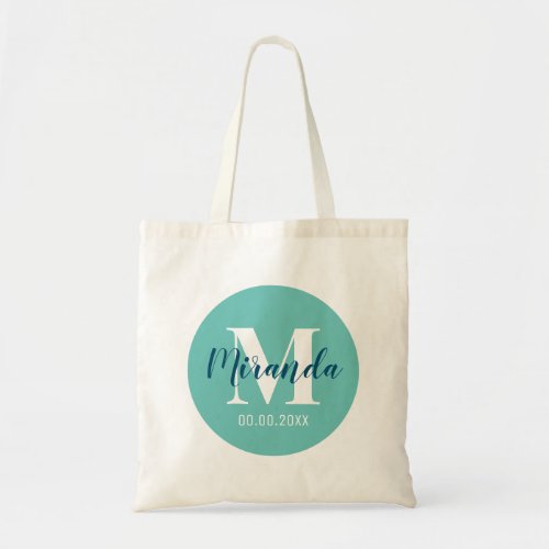 Custom name monogram elegant turquoise blue tote bag