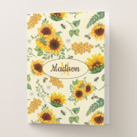 Custom Name Monogram Folder Sunflowers Honey Bees
