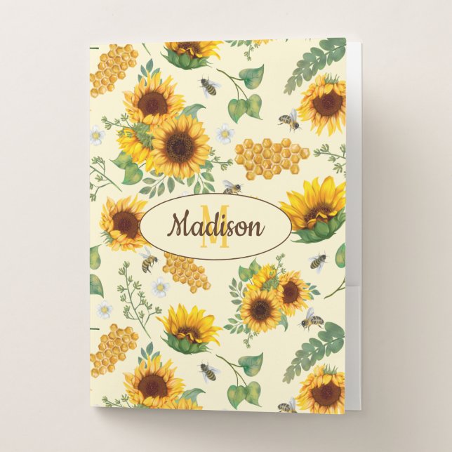 Custom Name Monogram Folder Sunflowers Honey Bees (Front)