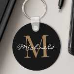 Custom Name Monogram Glamorous Script Black Keychain<br><div class="desc">Create your own personalized black round keychain with your custom glam handwritten script name and monogram.</div>