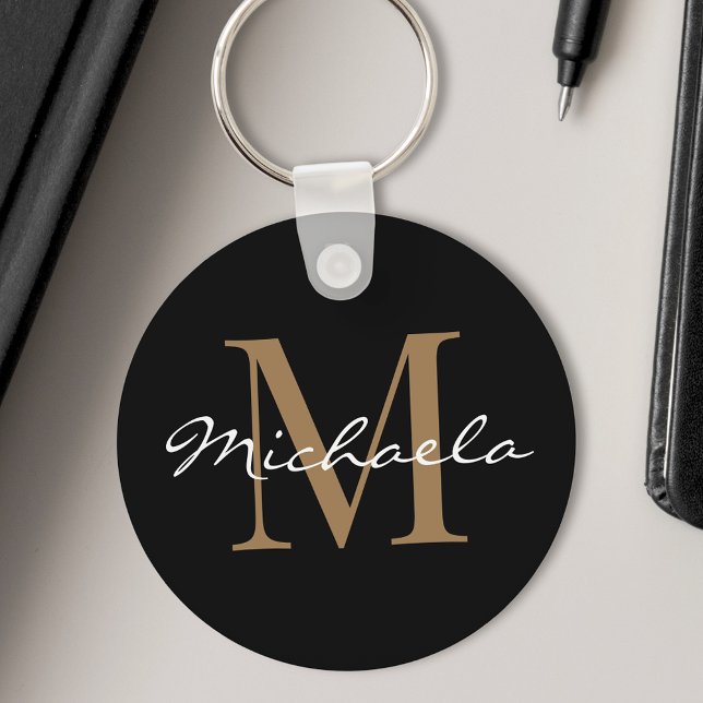 Custom Name Monogram Glamorous Script Black Keychain (Creator Uploaded)