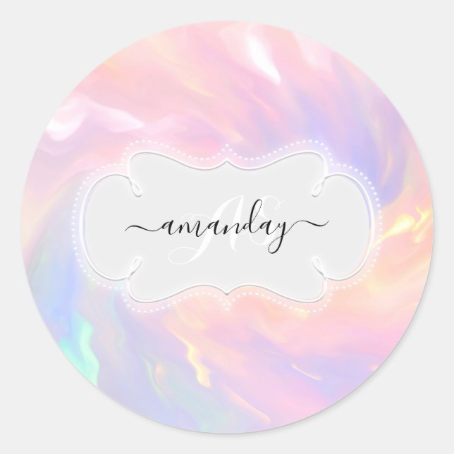Custom Name Monogram Holographic Unicorn Pink VIP Classic Round Sticker (Front)