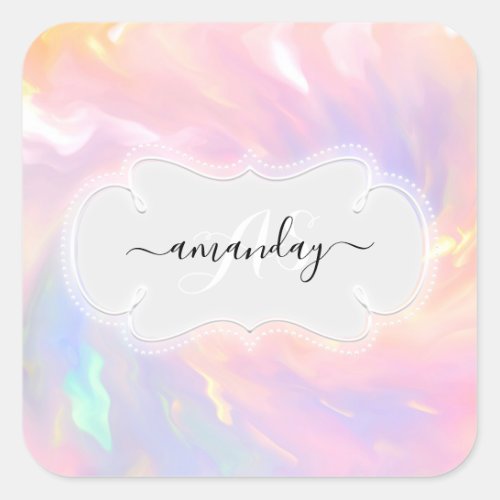 Custom Name Monogram Holographic Unicorn Princess Square Sticker